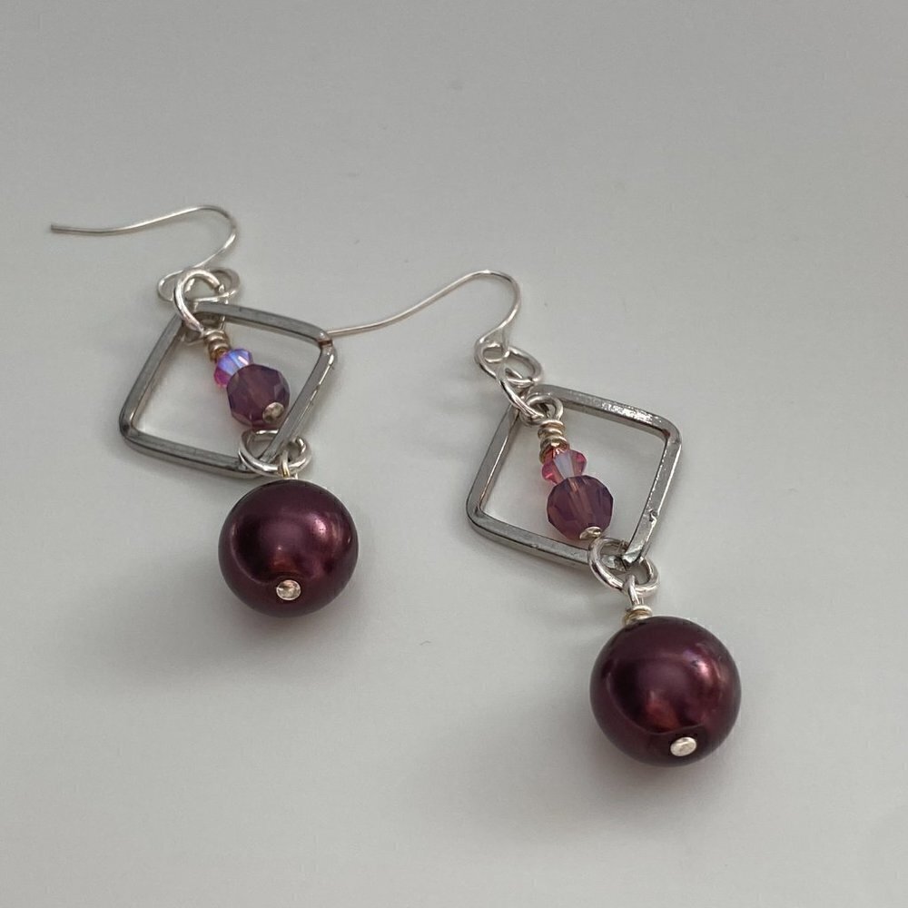 Austrian Crystals & Pearls on Rhodium Plated Squares with Fisherman Hook Earring